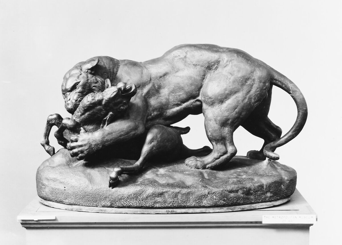 Tiger attacking an antelope, Antoine-Louis Barye (French, Paris 1795–1875 Paris), Serpentine stone, French 