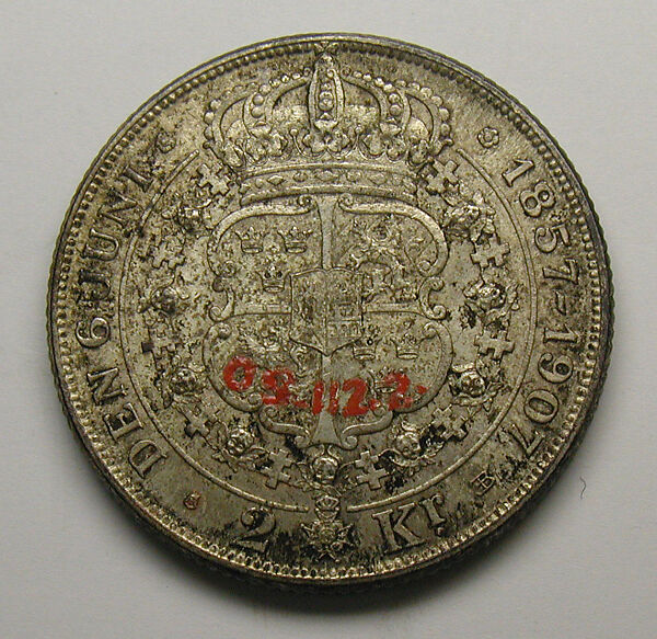 Jubilee 2 crown-piece of Oscar II of Sweden, 1907, Silver, Swedish