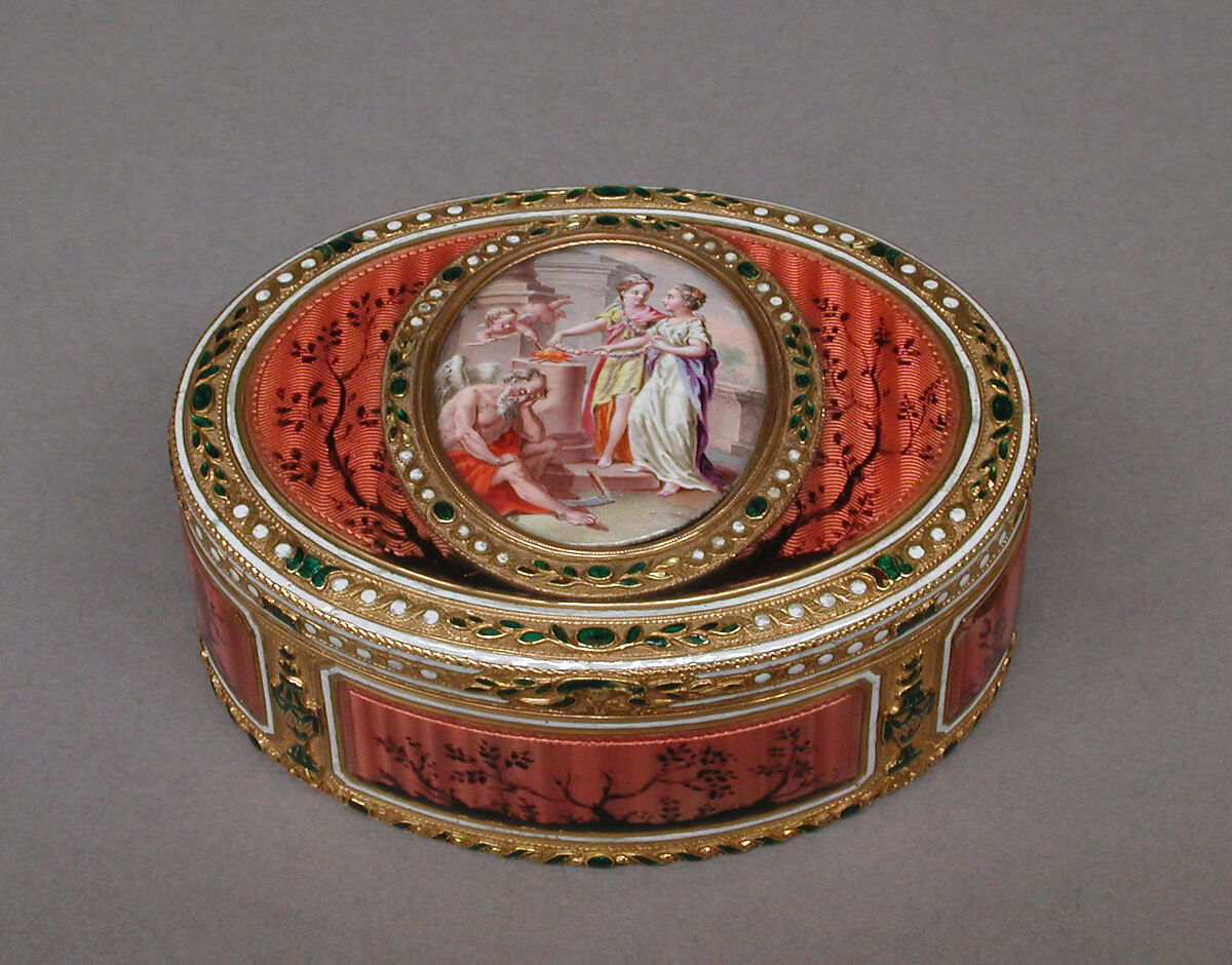Snuffbox with scene of two maids and cupid at altar of love, Les Frères Souchay (Swiss, active Hanau, by 1764), Gold, enamel, German, Hanau 