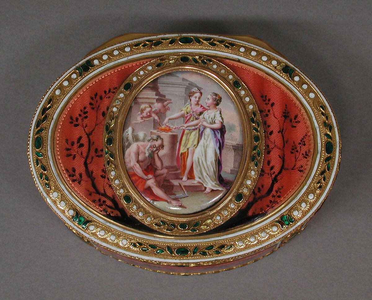 Snuffbox with scene of two maids and cupid at altar of love, Les Frères Souchay (Swiss, active Hanau, by 1764), Gold, enamel, German, Hanau