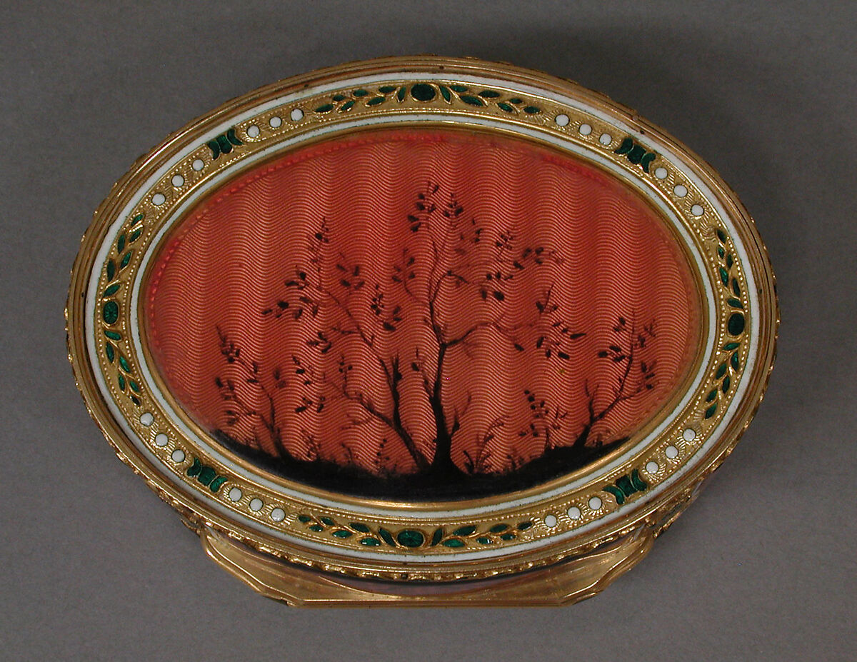 Snuffbox with scene of two maids and cupid at altar of love, Les Frères Souchay (Swiss, active Hanau, by 1764), Gold, enamel, German, Hanau