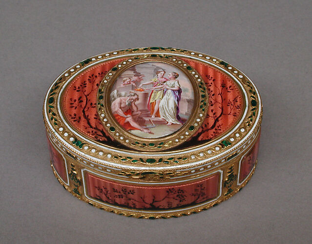 Snuffbox with scene of two maids and cupid at altar of love