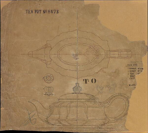 Tea Pot No 8473, Tiffany &amp; Co. (1837–present), Ink, graphite, and wax pencil on brown glazed paper, American 