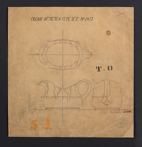 Cream of Tete a Tete Set No. 8473, Tiffany &amp; Co. (1837–present), Ink, graphite, and wax pencil on brown glazed paper, American 