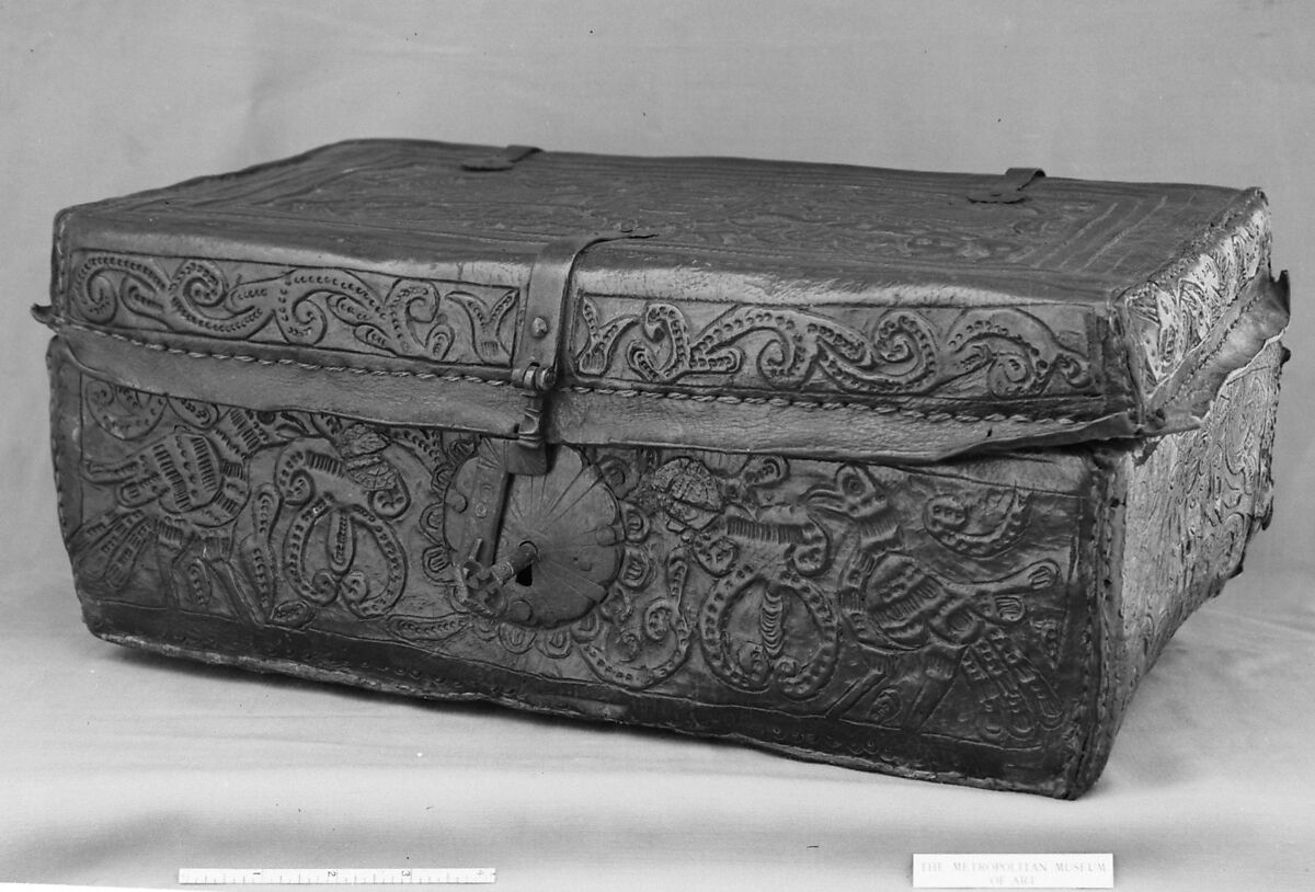 Trunk, Leather applied to wood, wrought iron, Spanish 