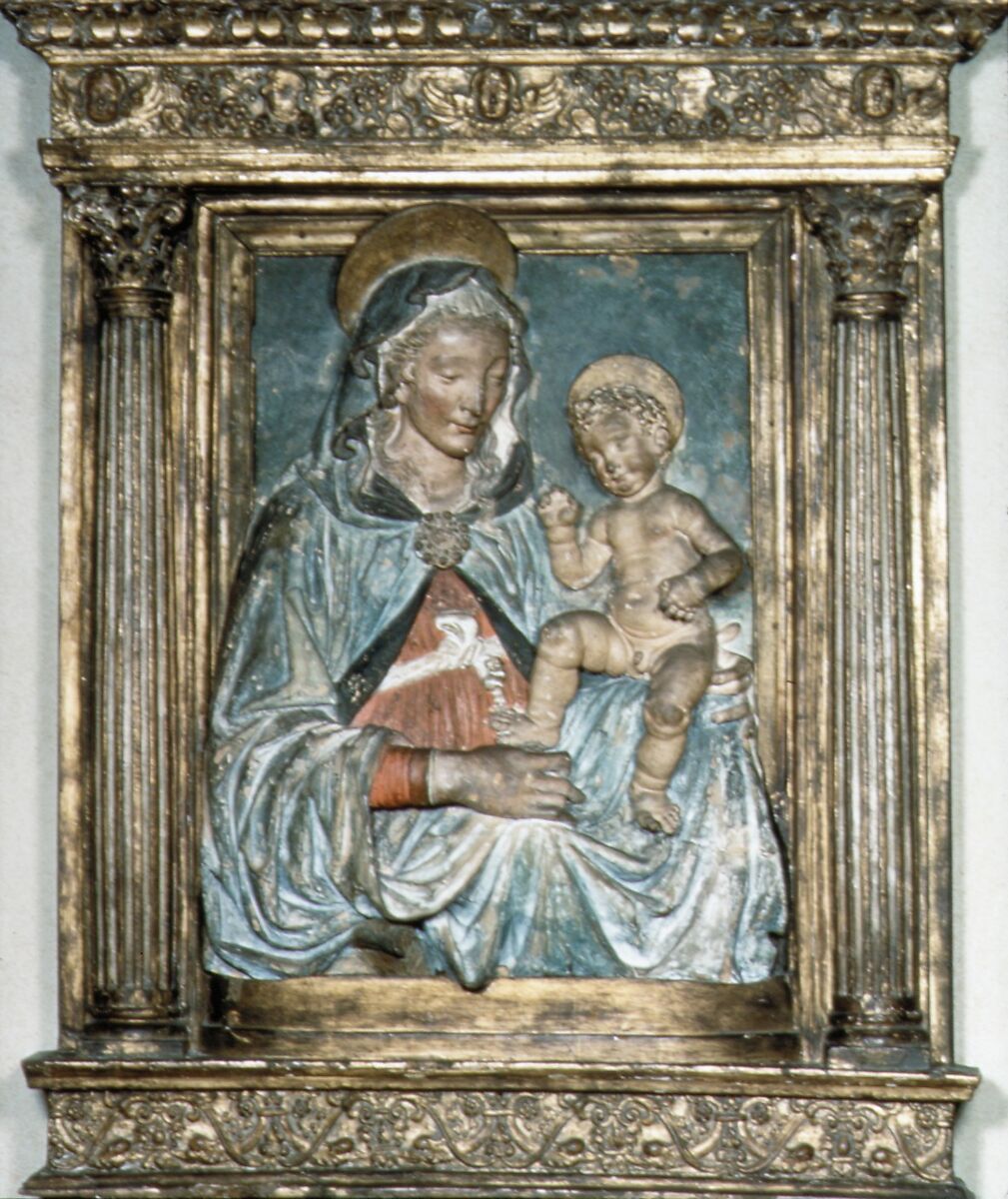 Virgin and Child, Follower of Andrea del Verrocchio (Italian, Florence 1435–1488 Venice), Terracotta, painted and partially gilt, Italian 