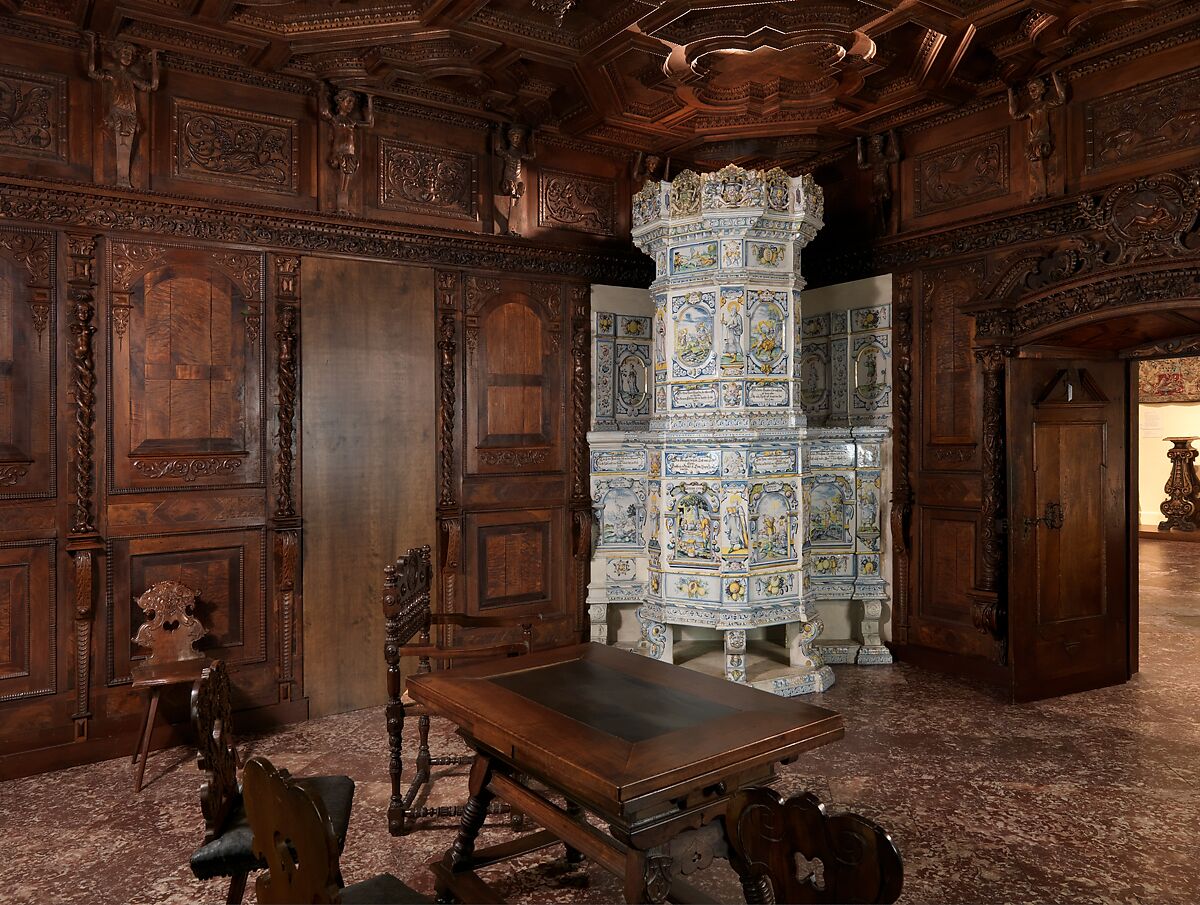 Stove, Attributed to the pottery of David II Pfau (1644–1702), Faience (tin-glazed earthenware), Swiss, Winterthur