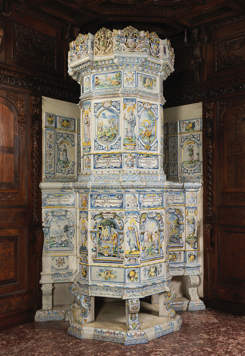 Stove, Attributed to the pottery of David II Pfau (1644–1702), Faience (tin-glazed earthenware), Swiss, Winterthur 