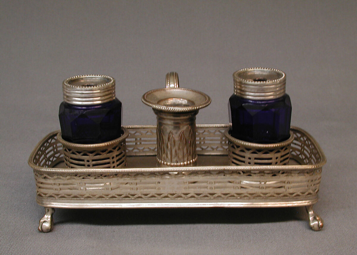 Inkstand, Richard Morton and Co., Sheffield plate, glass, British 