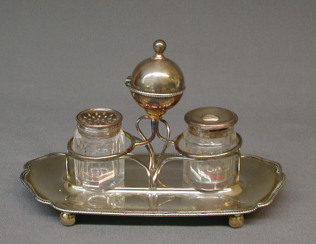 Inkstand, Sheffield plate, glass, British 