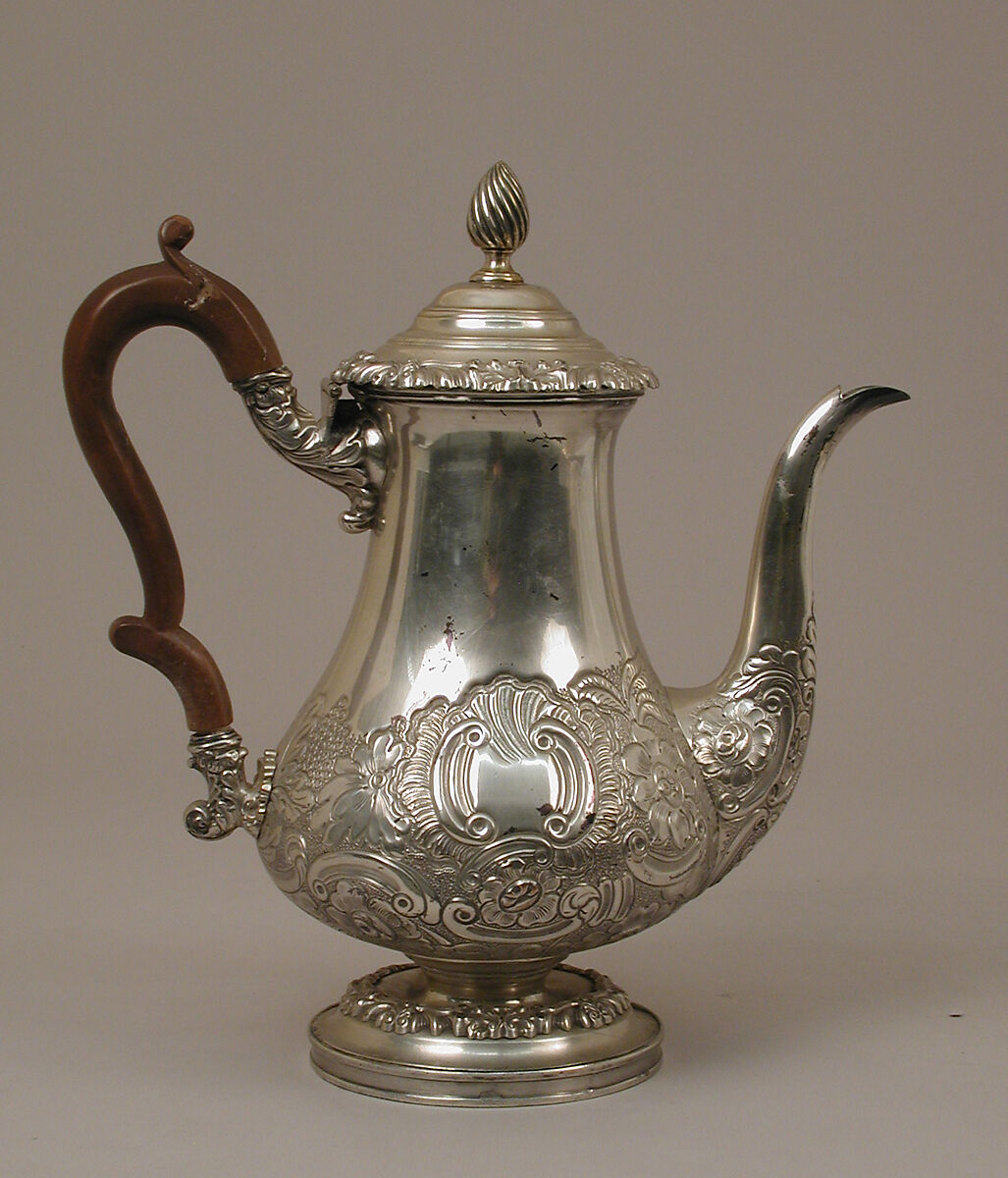 Coffeepot, Sheffield plate, wood, British 