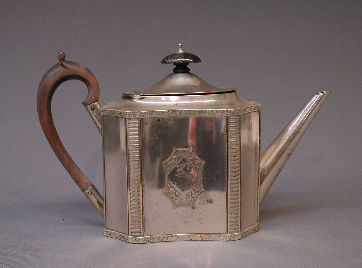 Teapot, Probably by Nathaniel Smith and Company, Sheffield plate, wood, British, Sheffield 