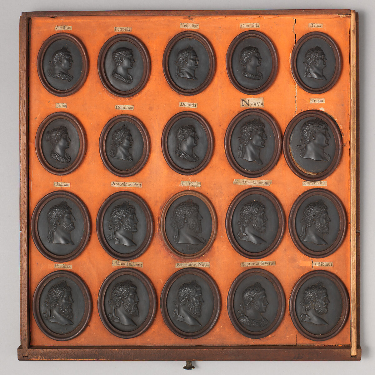 Cabinet of 140 plaques, Basalt ware, British, Staffordshire