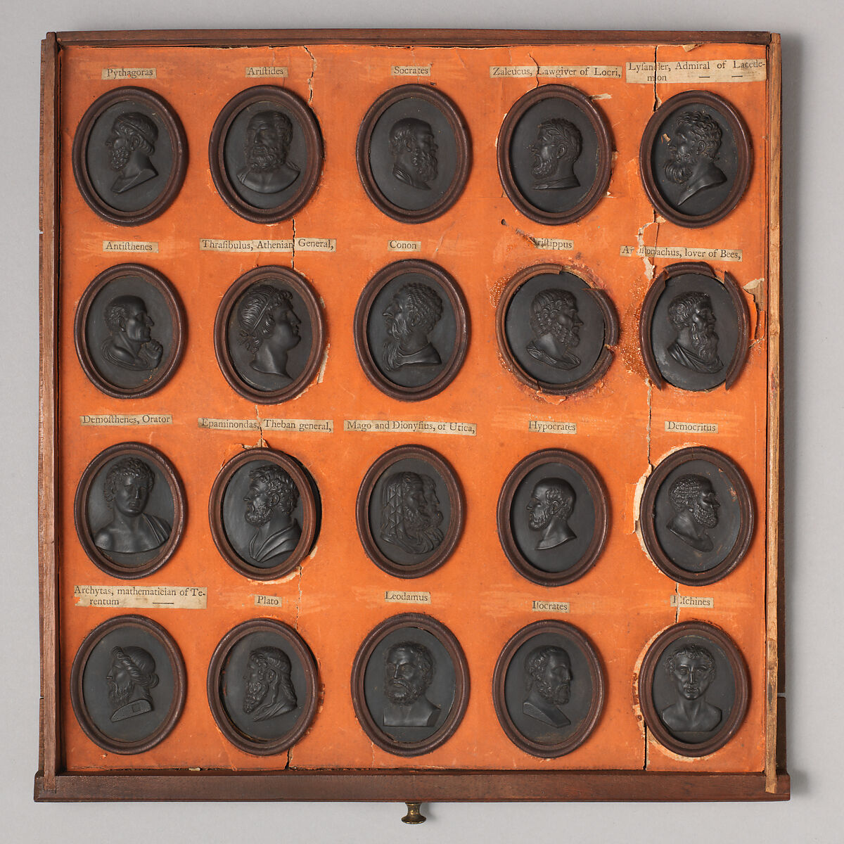 Cabinet of 140 plaques, Basalt ware, British, Staffordshire