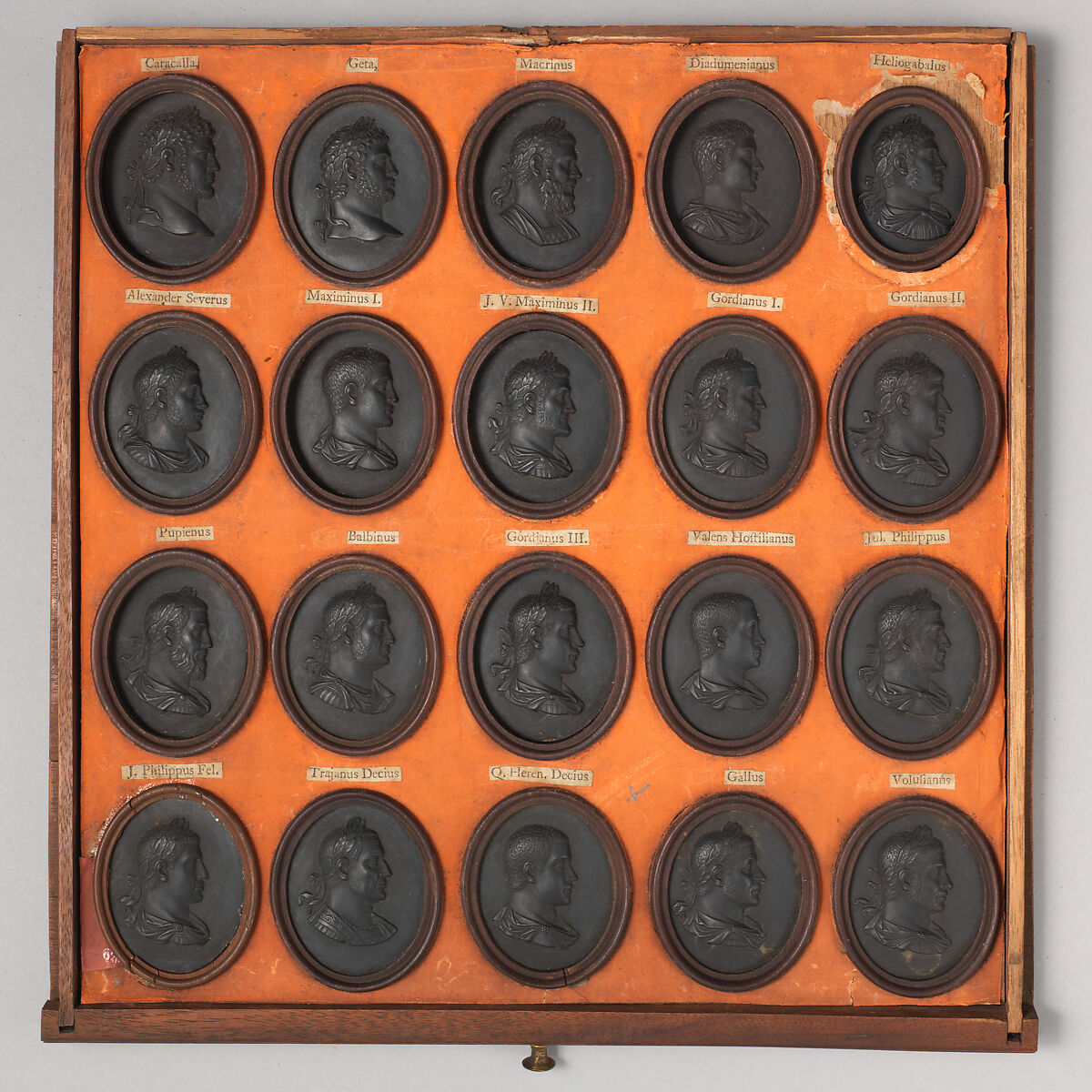 Cabinet of 140 plaques, Basalt ware, British, Staffordshire