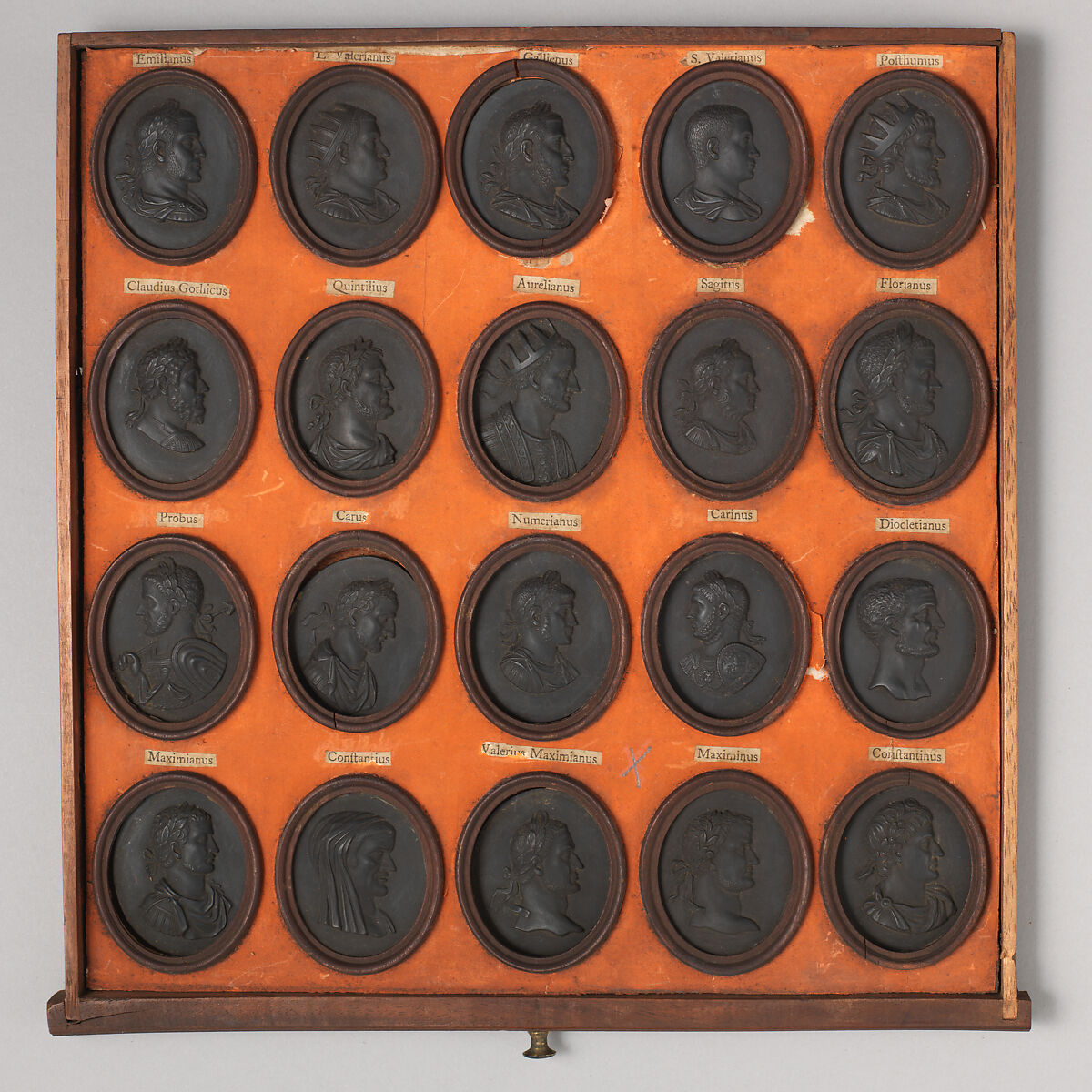 Cabinet of 140 plaques, Basalt ware, British, Staffordshire