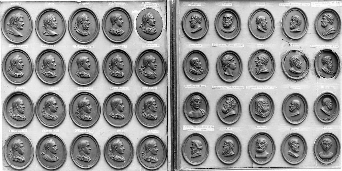 Cabinet of 140 plaques, Basalt ware, British, Staffordshire