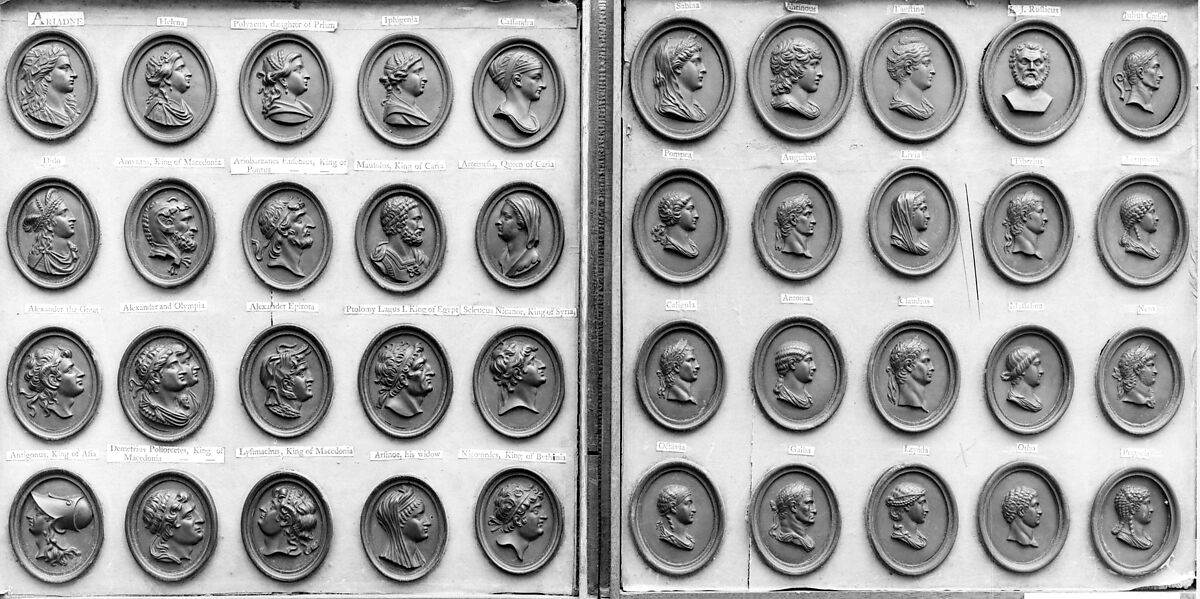 Cabinet of 140 plaques, Basalt ware, British, Staffordshire