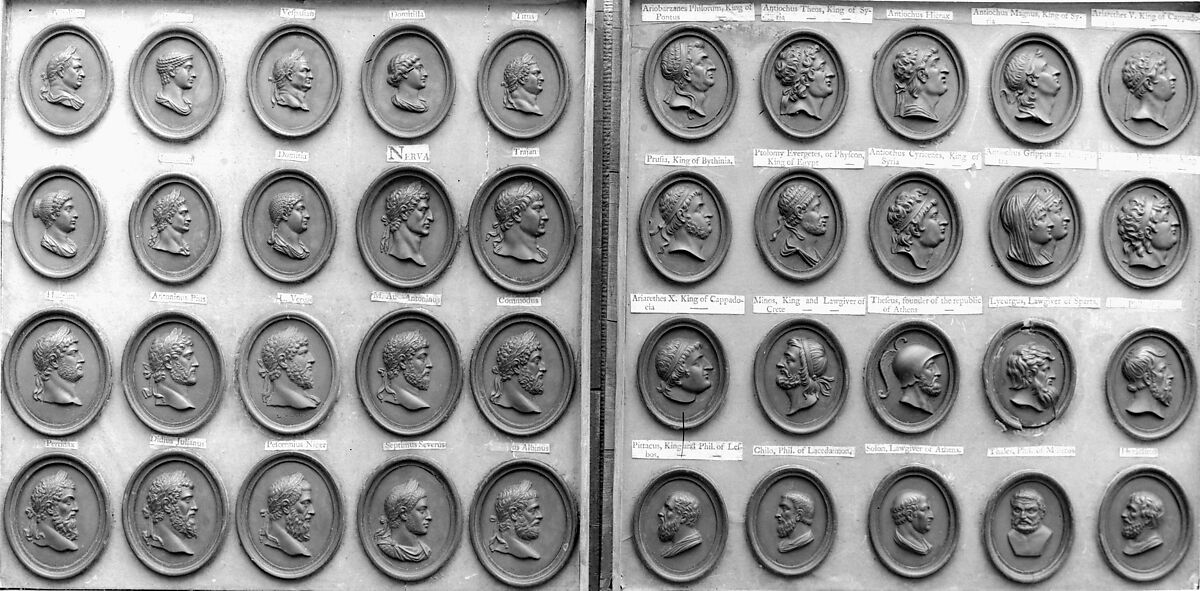 Cabinet of 140 plaques, Basalt ware, British, Staffordshire