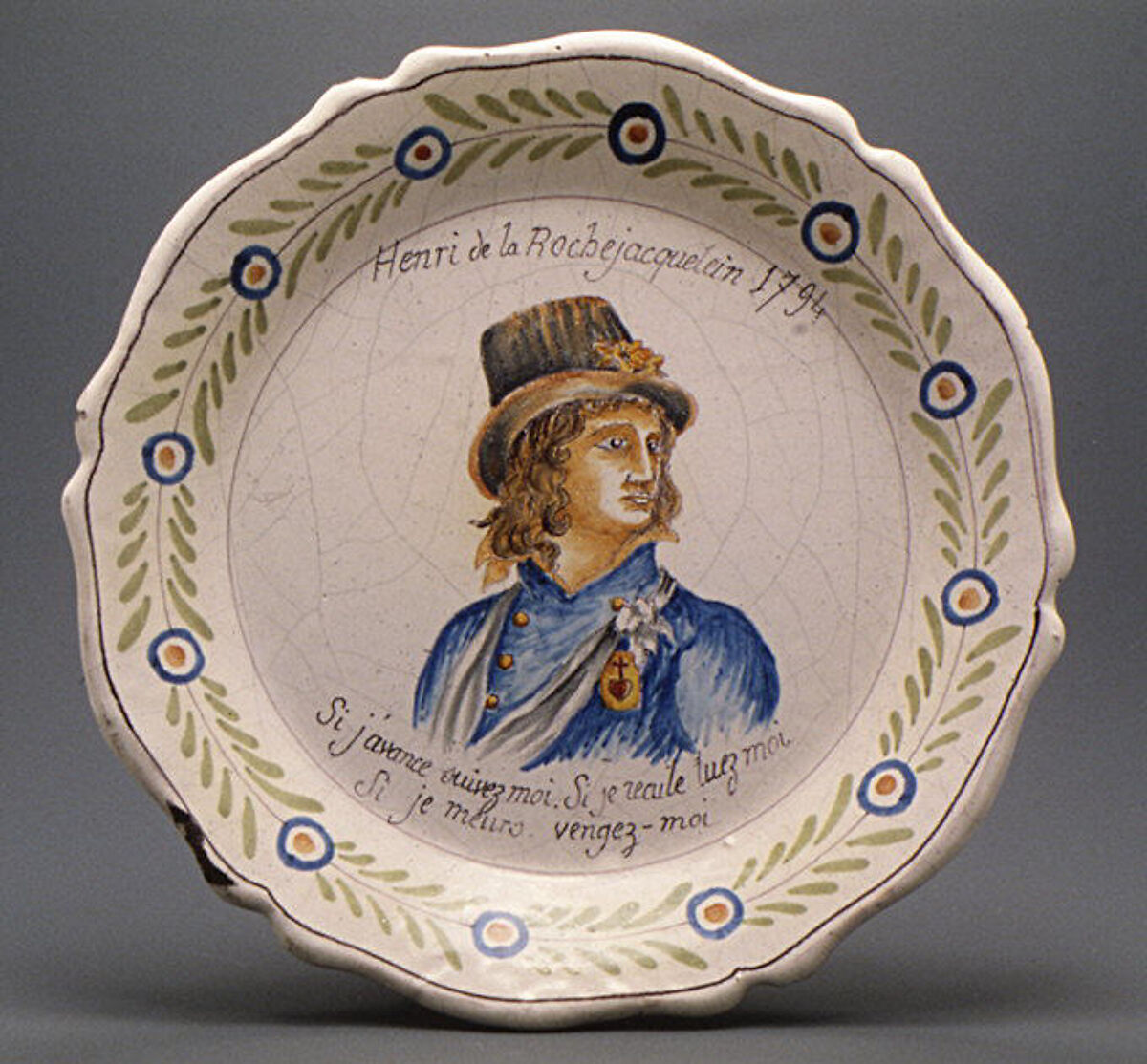 Plate with portrait of Henri de Verger, Comte de la Rochejaquelein, Faience (tin-glazed earthenware), French, Nevers 