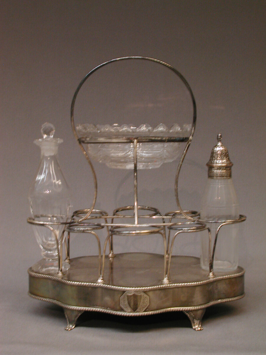 Cruet and soy frame, Probably by Thomas Watson and Co., Sheffield plate, glass, British, Sheffield 