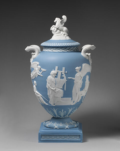 Vase with cover, John Flaxman (British, York 1755–1826 London), Jasperware, British, Etruria, Staffordshire 