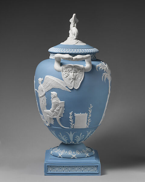 Vase with cover, John Flaxman (British, York 1755–1826 London), Jasperware, British, Etruria, Staffordshire