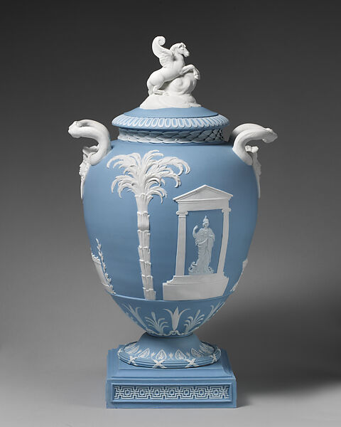 Vase with cover, John Flaxman (British, York 1755–1826 London), Jasperware, British, Etruria, Staffordshire