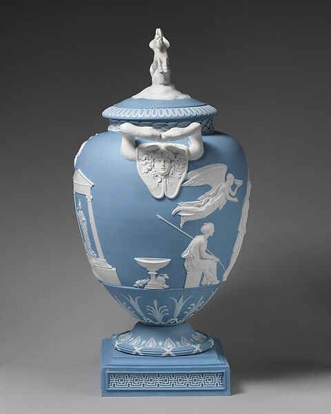 Vase with cover, John Flaxman (British, York 1755–1826 London), Jasperware, British, Etruria, Staffordshire