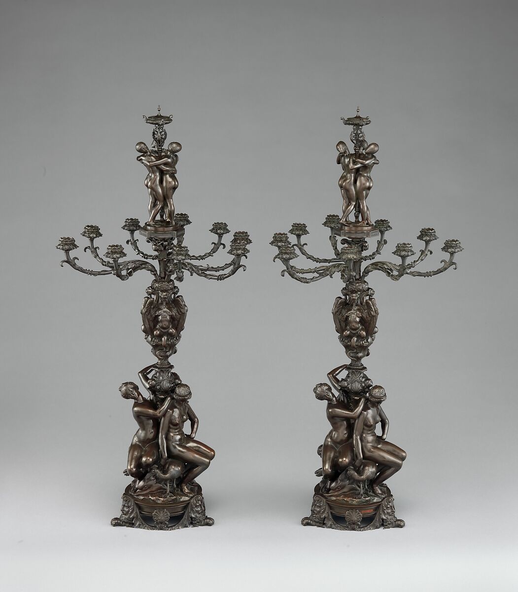 Pair of candelabra, Antoine-Louis Barye (French, Paris 1795–1875 Paris), Bronze, French, Paris 