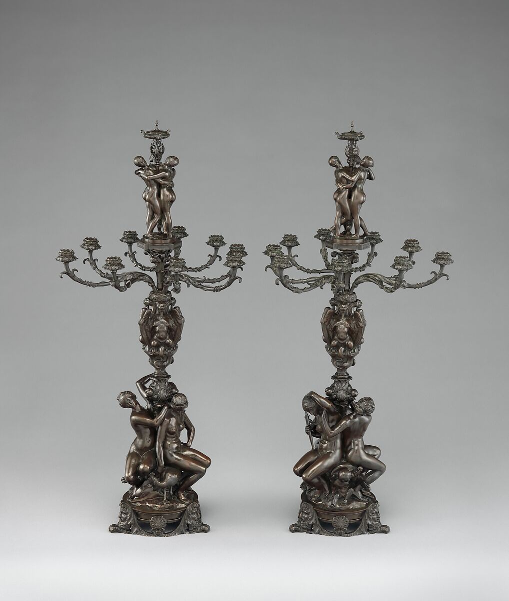 Pair of candelabra, Antoine-Louis Barye (French, Paris 1795–1875 Paris), Bronze, French, Paris