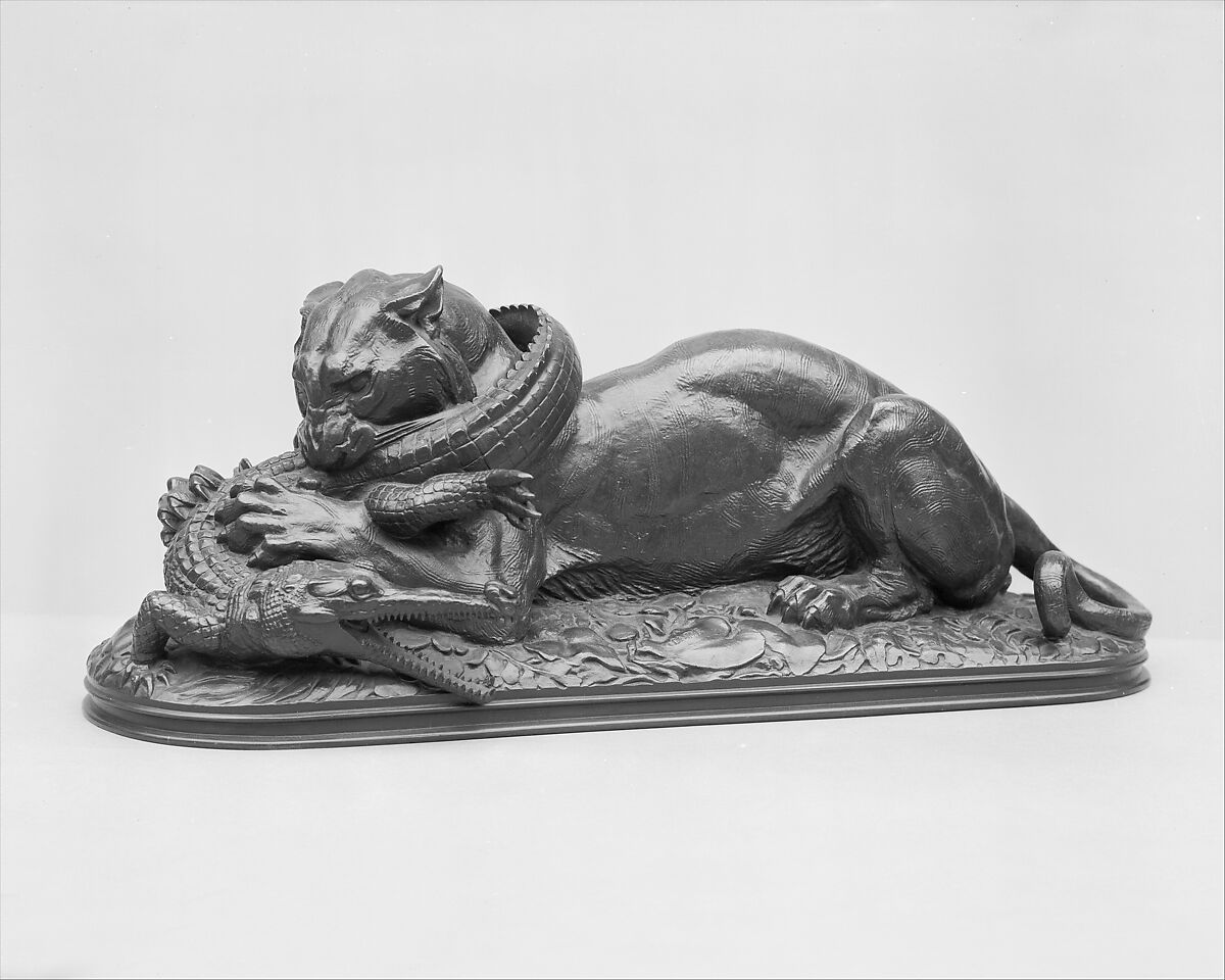 Tiger Devouring a Gavial (Tigre dévorant un gavial), Antoine-Louis Barye (French, Paris 1795–1875 Paris), Bronze, French 