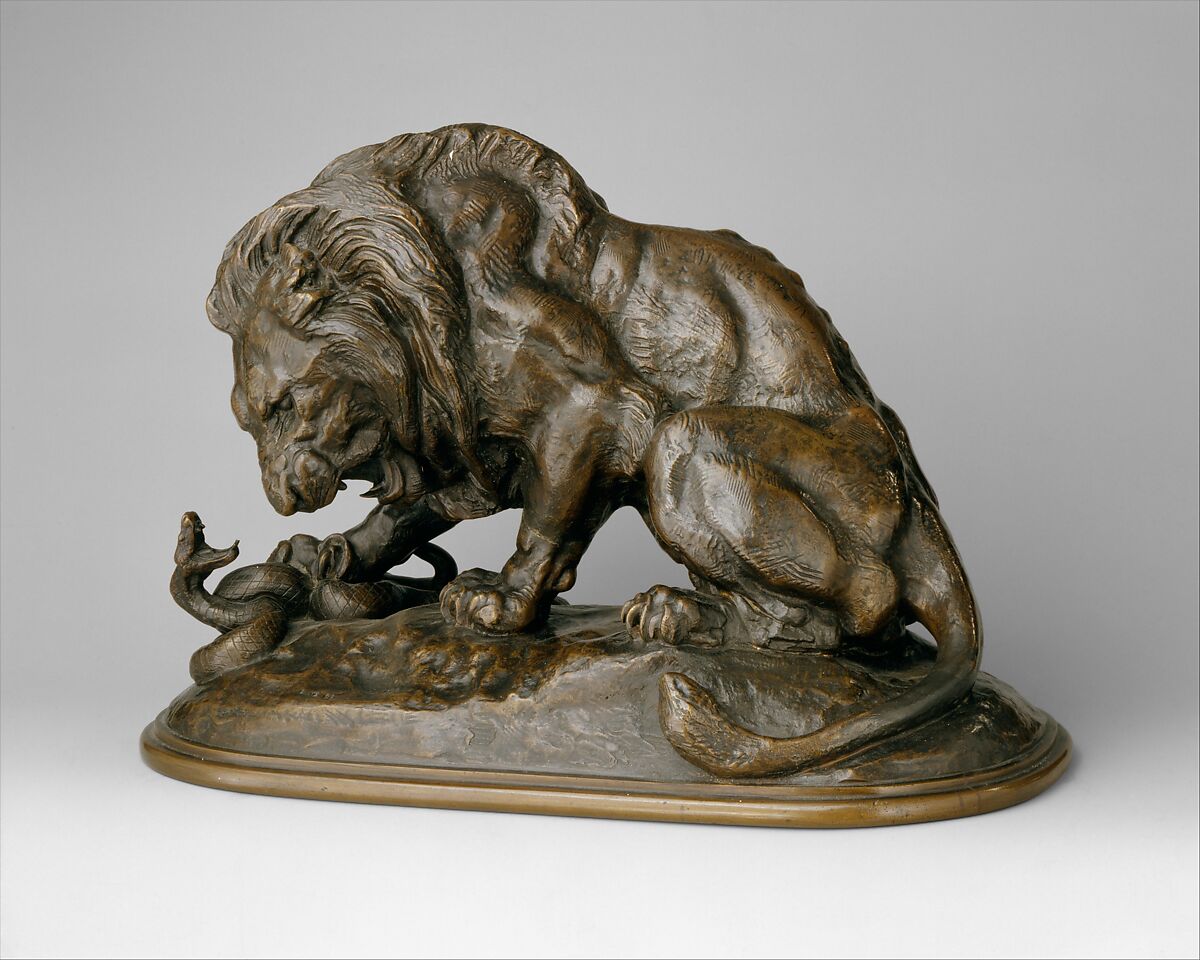 Lion and Serpent (Lion au Serpent), Antoine-Louis Barye (French, Paris 1795–1875 Paris), Bronze, wood base, French 