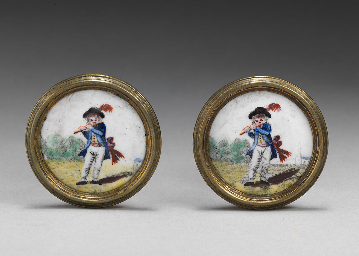 Pair of mirror knobs, Enamel on copper, brass, British 