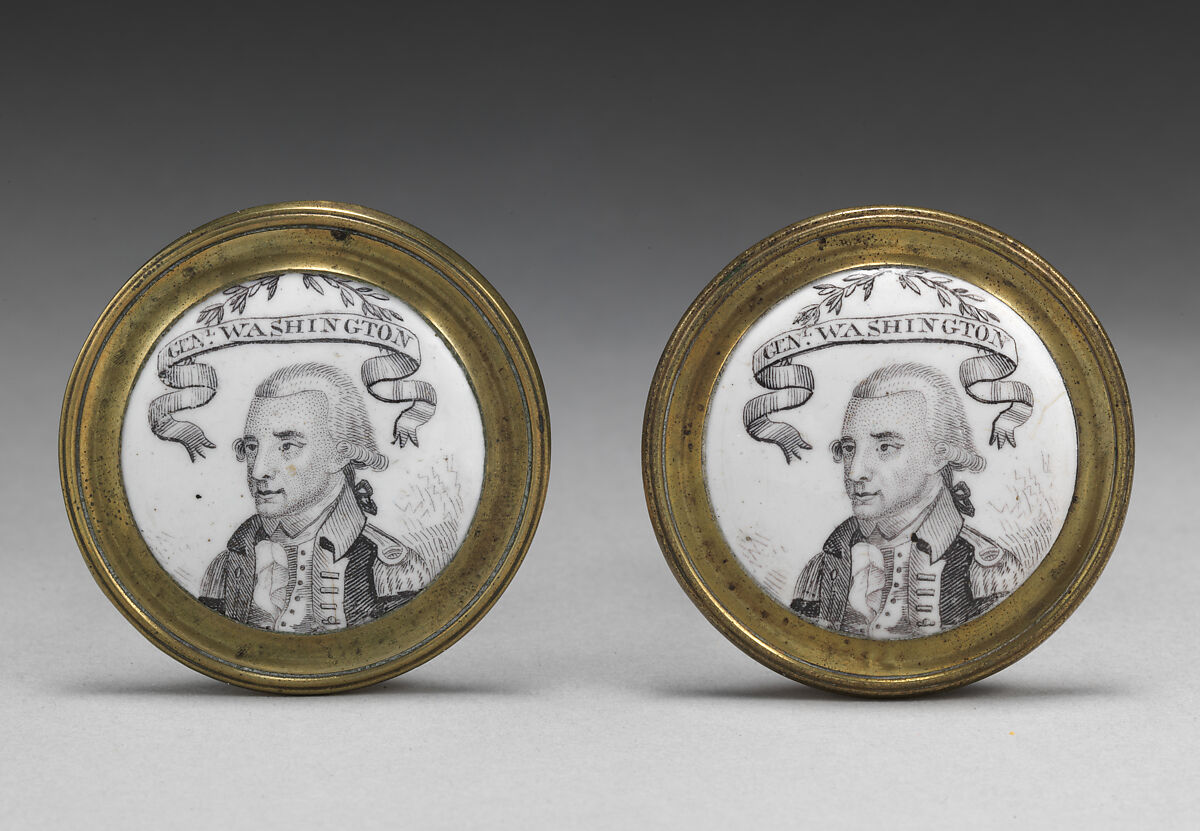 Pair of mirror knobs with depiction of General Washington, Enamel on copper, brass, British 