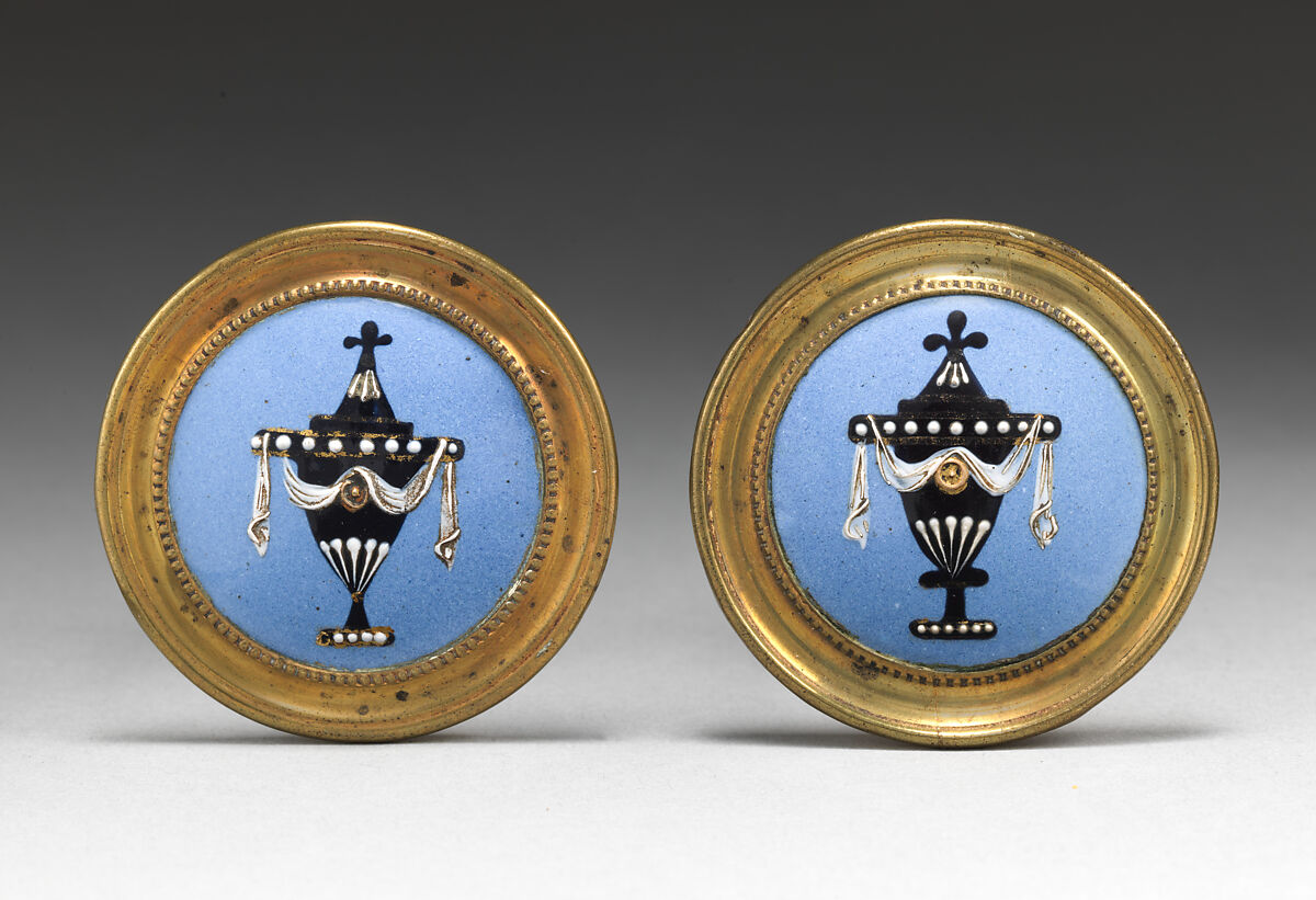 Pair of mirror knobs, Enamel on copper, brass, British 