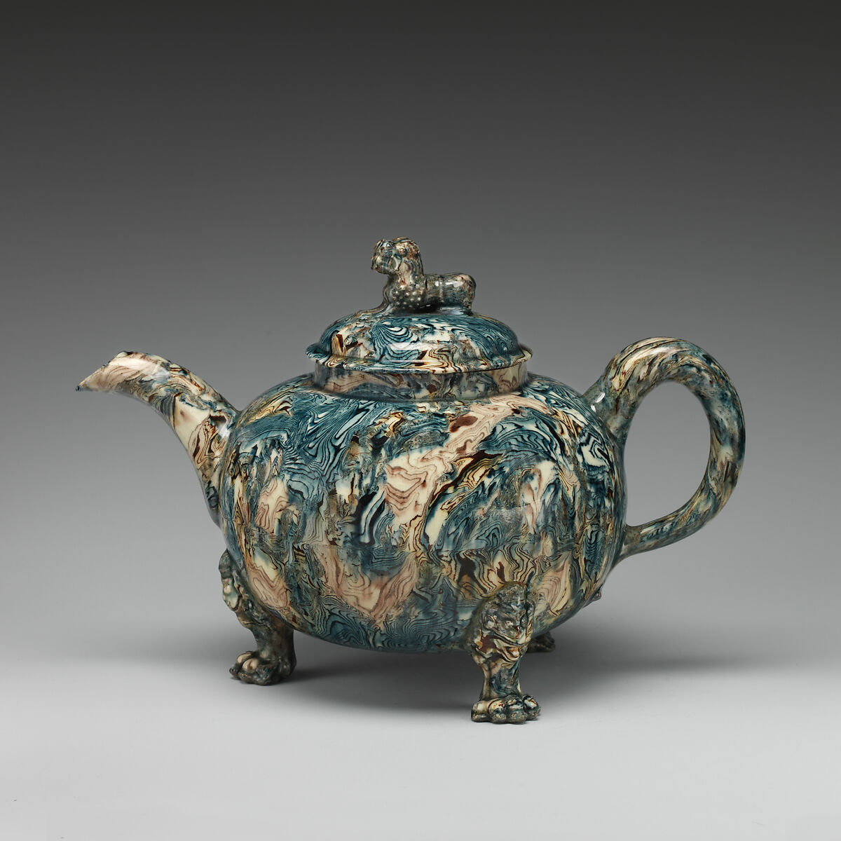 Footed teapot, Style of Whieldon type, Agateware (glazed earthenware), probably British, Staffordshire 