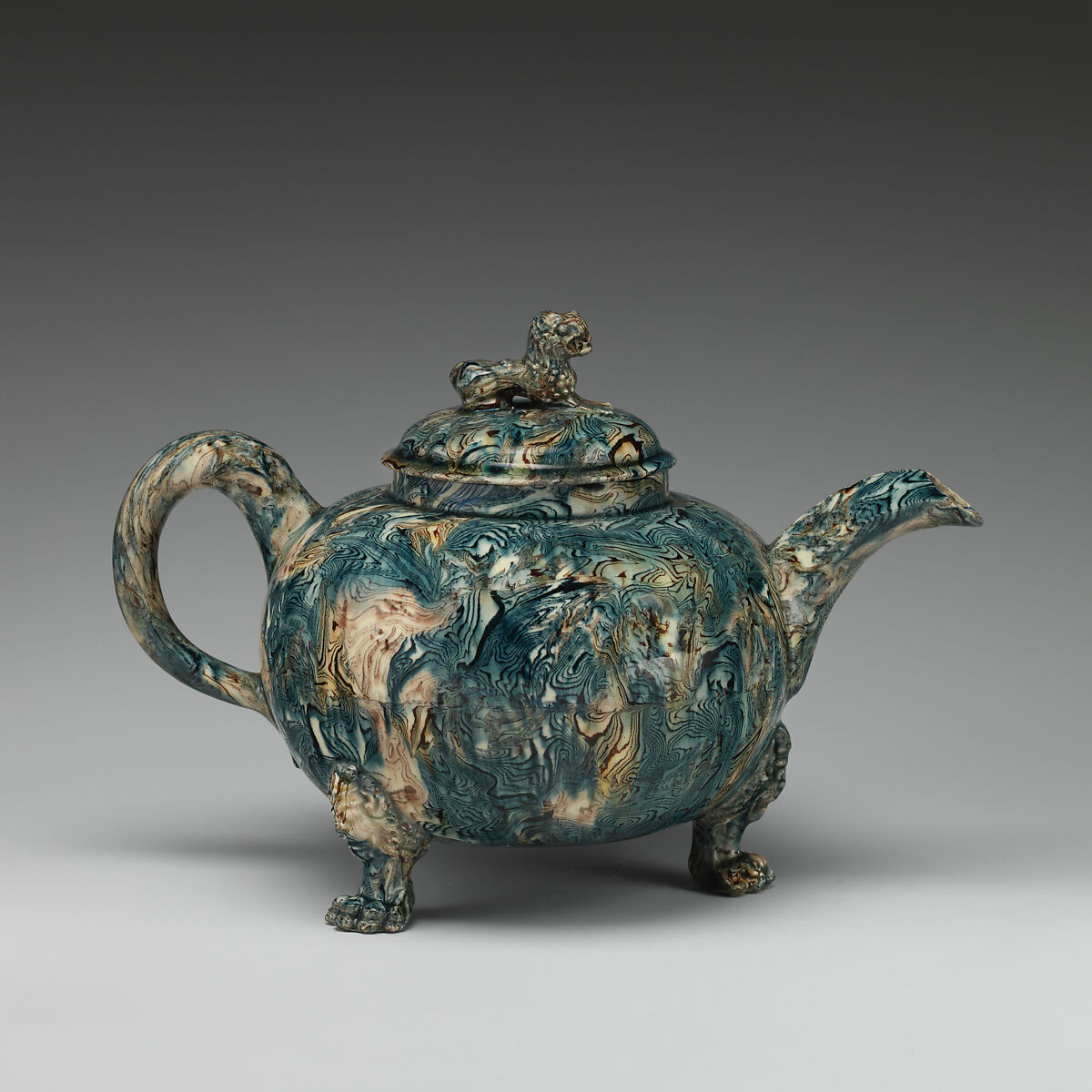 Footed teapot, Style of Whieldon type, Agateware (glazed earthenware), probably British, Staffordshire