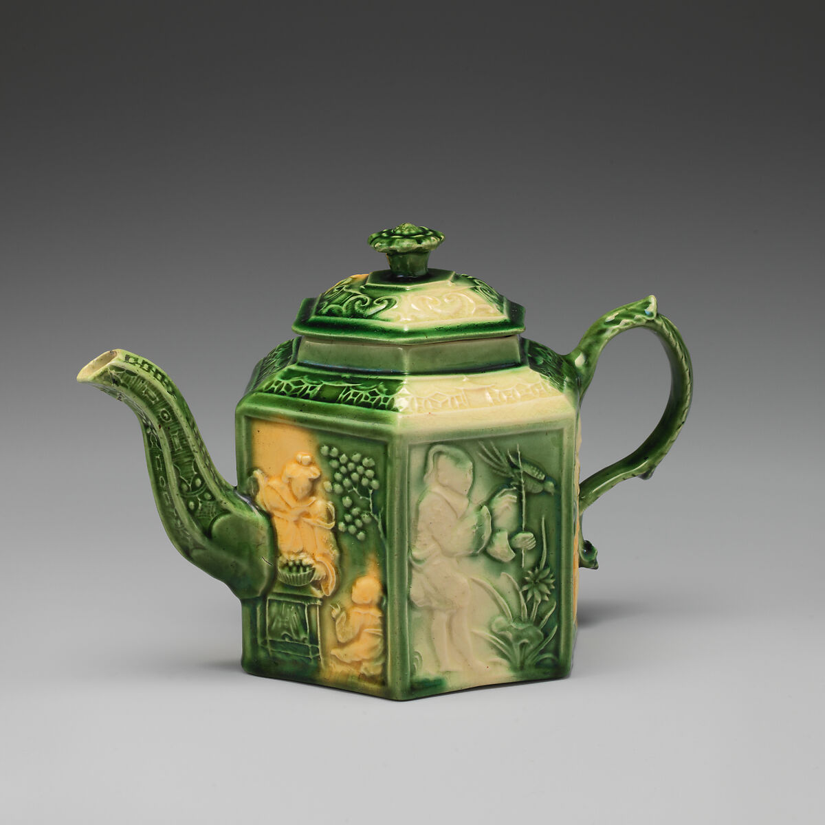 Hexagonal teapot, Thomas Whieldon (British, Penkull, Stoke-on-Trent 1719–1795), Lead-glazed earthenware, probably British, Staffordshire 