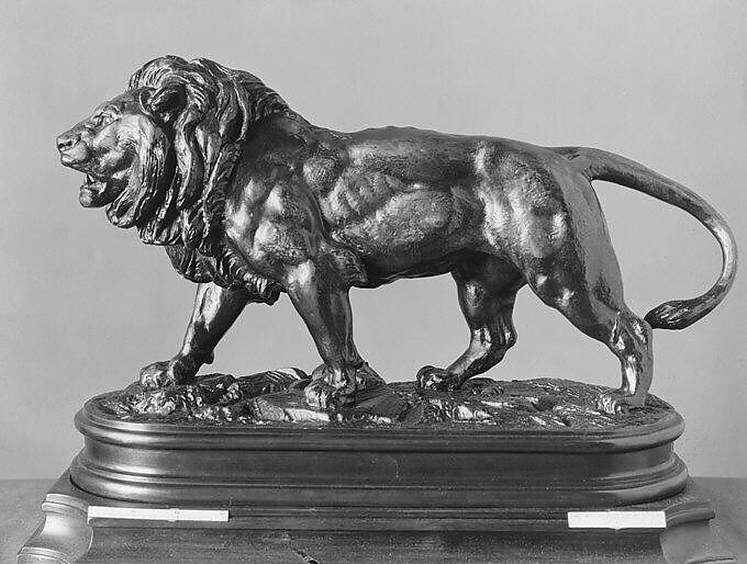 Walking Lion (Le Lion qui Marche), Antoine-Louis Barye (French, Paris 1795–1875 Paris), Bronze, wood base, French 