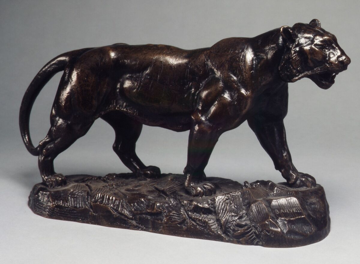 Walking Tiger (Un tigre qui marche), Antoine-Louis Barye (French, Paris 1795–1875 Paris), Bronze, wood base, French 