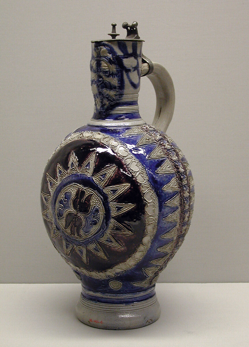 Jug, Salt-glazed stoneware; pewter, German, Westerwald 