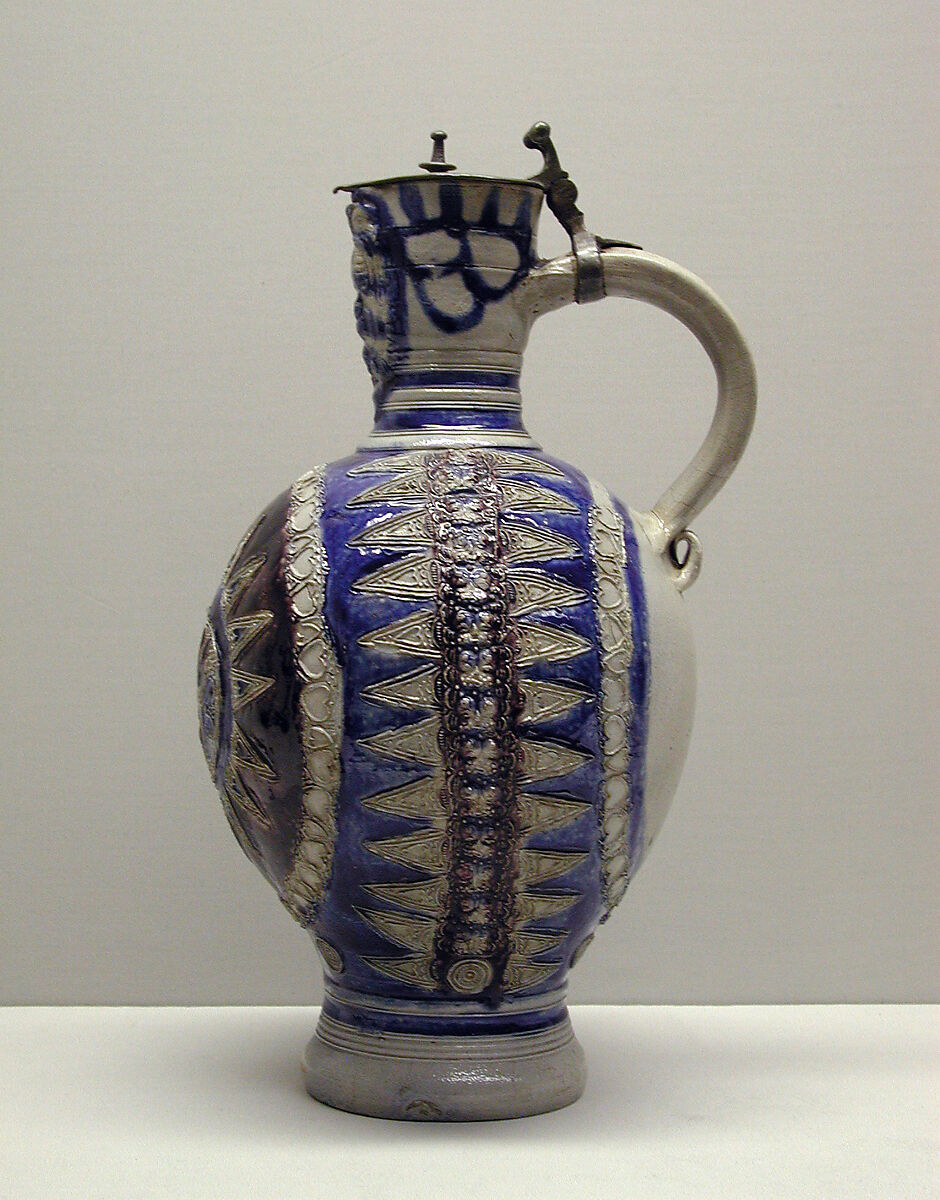 Jug, Salt-glazed stoneware; pewter, German, Westerwald