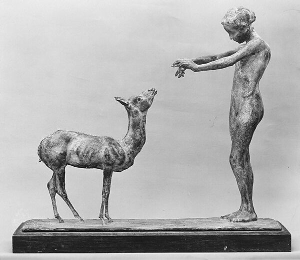 Young Girl and Gazelle, Henri L. Bouchard (French, 1875–1960), Bronze, French, Paris 