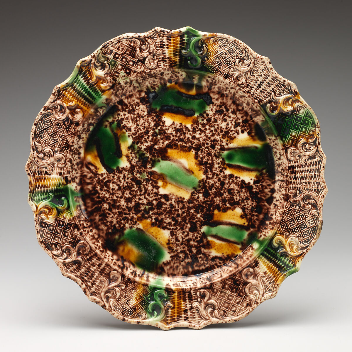 Plate, Style of Whieldon type, Tortoiseshell ware, probably British, Staffordshire 