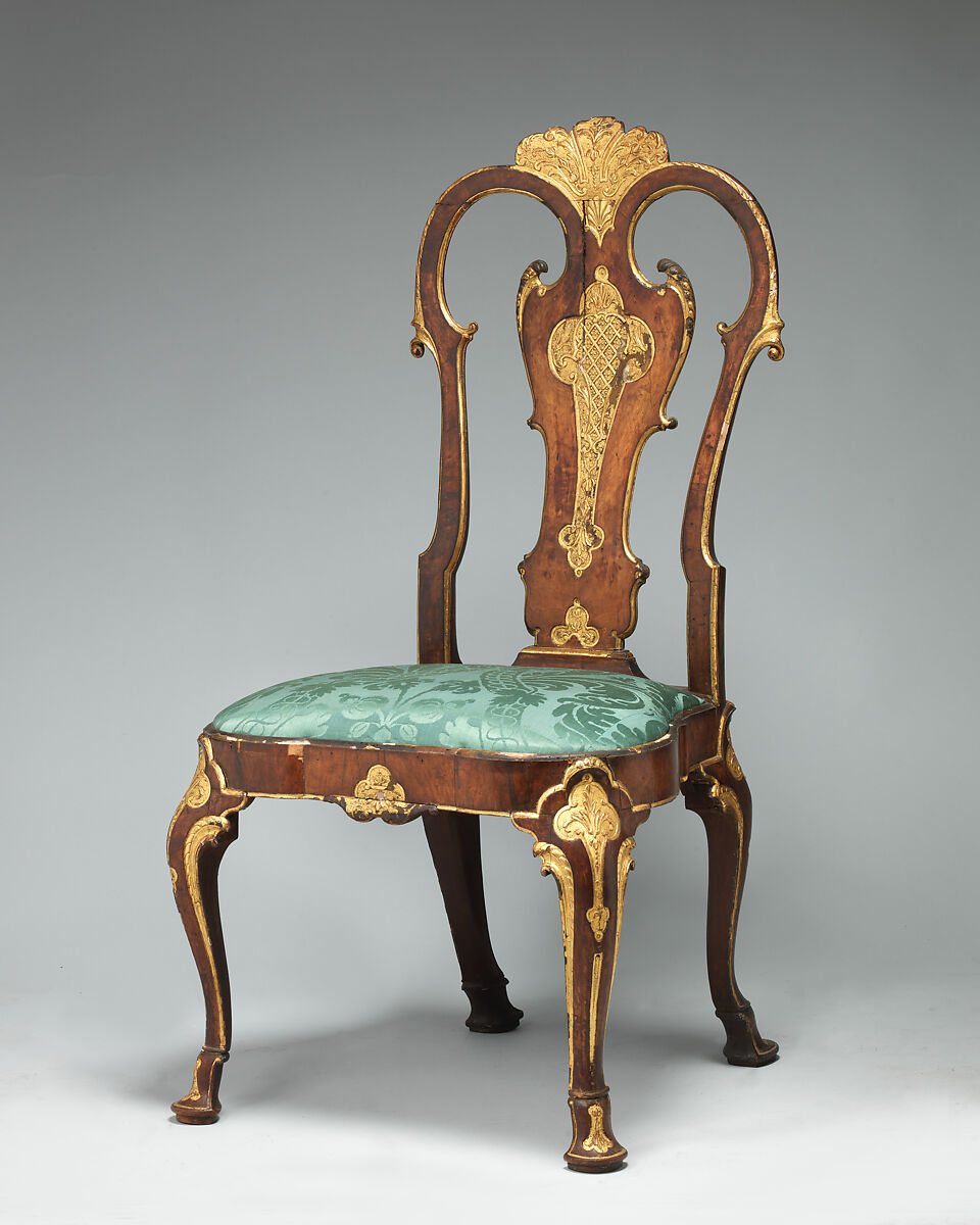 Side chair, Walnut, veneered, gilt-gesso, British 