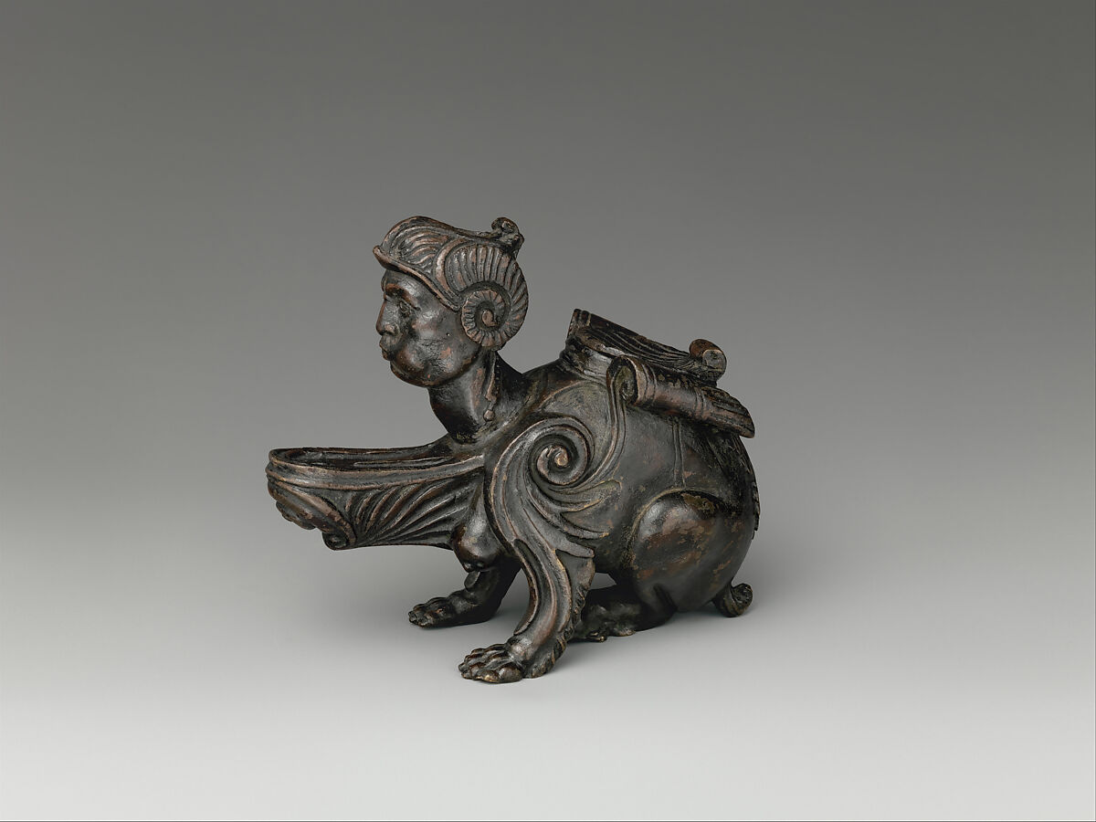 Oil Lamp in the Form of a Sphinx, Probably workshop of Andrea Briosco, called Riccio (Italian, Trent 1470–1532 Padua), Bronze, Italian, Padua 