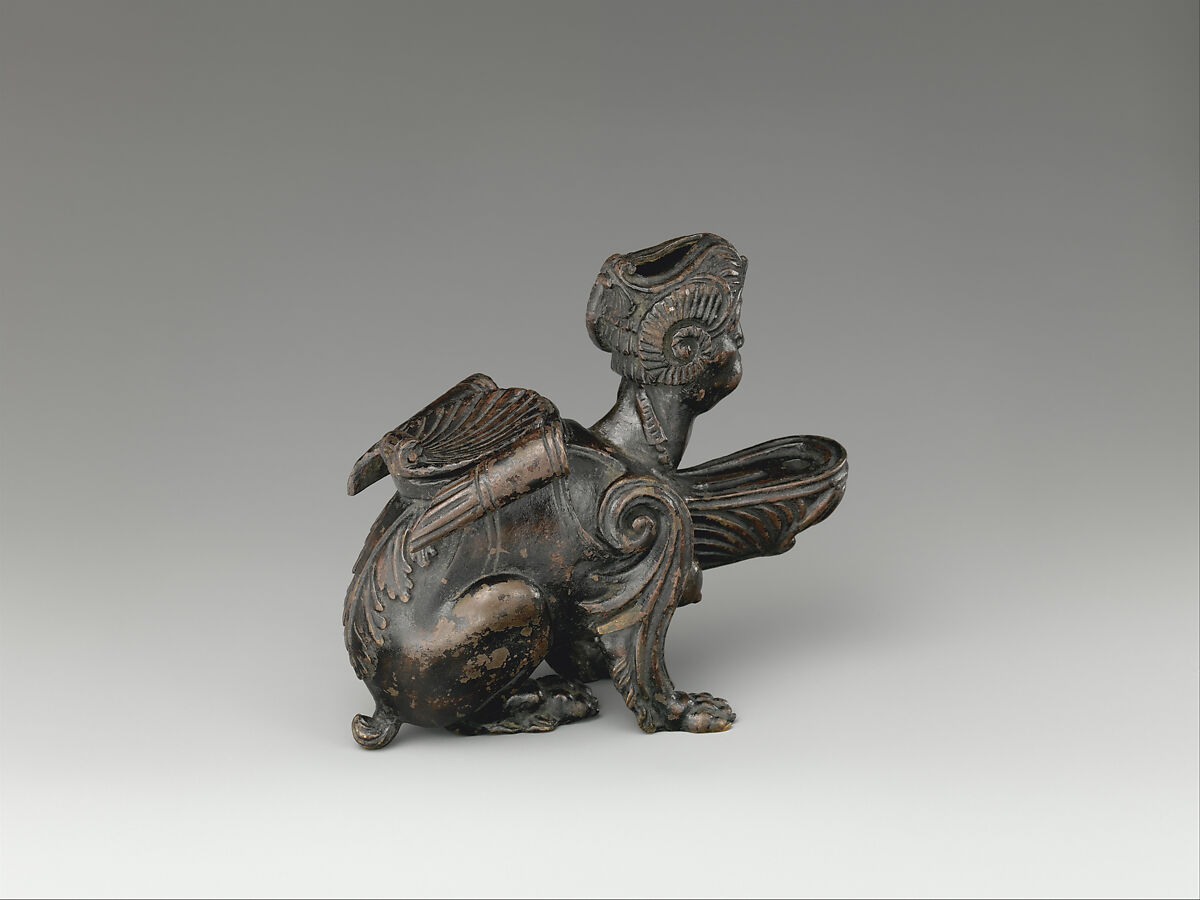 Oil Lamp in the Form of a Sphinx, Probably workshop of Andrea Briosco, called Riccio (Italian, Trent 1470–1532 Padua), Bronze, Italian, Padua