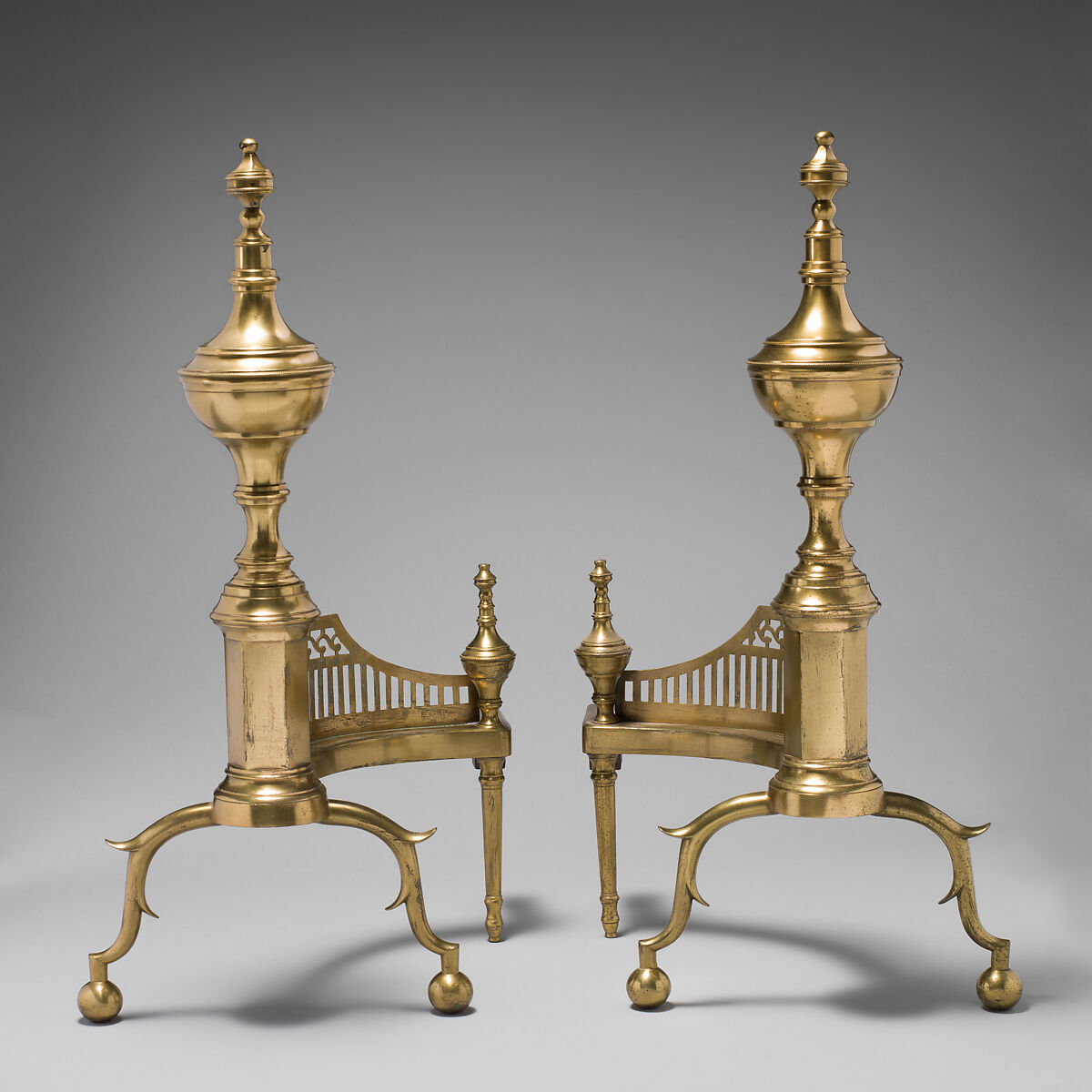 Pair of andirons, Brass, iron, British 