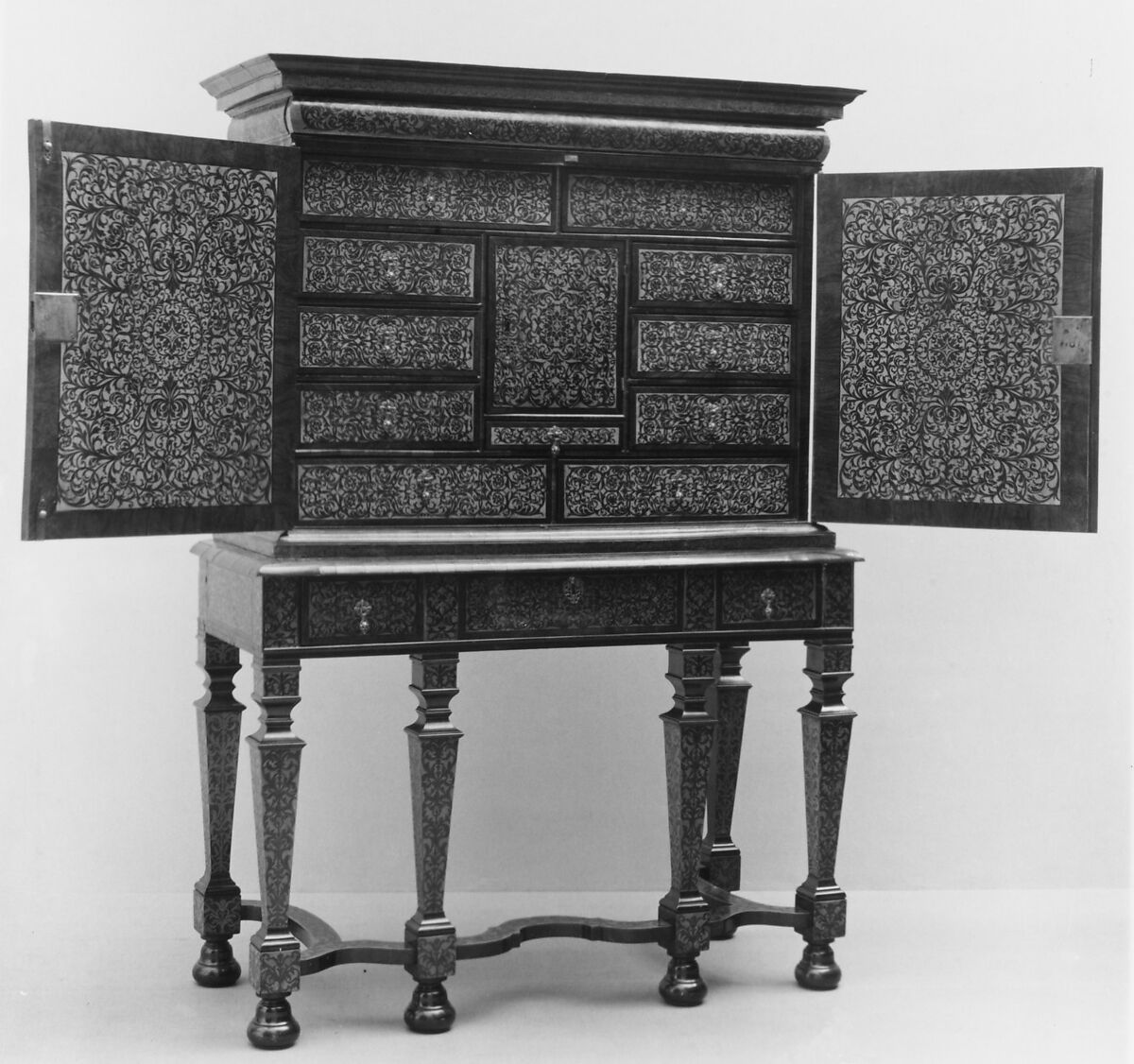 Cabinet, Walnut, holly, and other woods, British